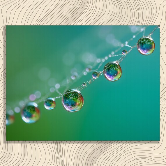 Colorful Dew Drop Spiderweb Canvas Wall Art Macro Water Droplets Photography Nature Reflection Green Blue Bokeh Modern Abstract Print