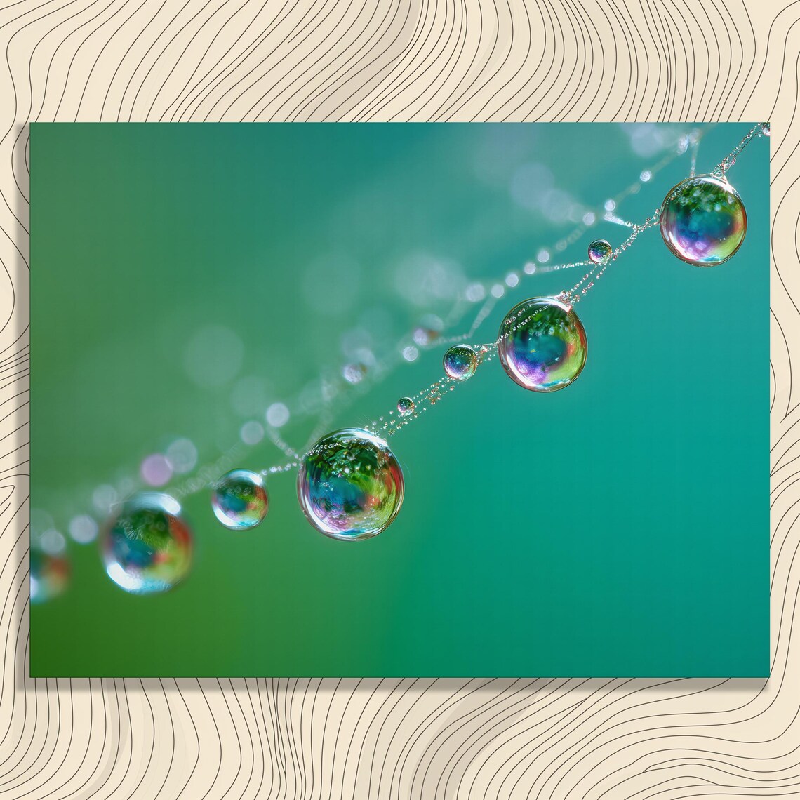 Colorful Dew Drop Spiderweb Canvas Wall Art Macro Water Droplets Photography Nature Reflection Green Blue Bokeh Modern Abstract Print