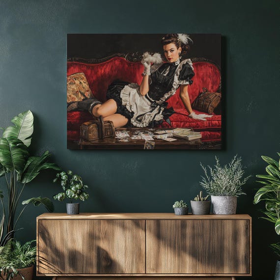 Victorian Pinup Canvas Wall Art Realistic Female Portrait Corset Dress On Red Velvet Sofa Feather Fan Vintage Gifts For Gamblers