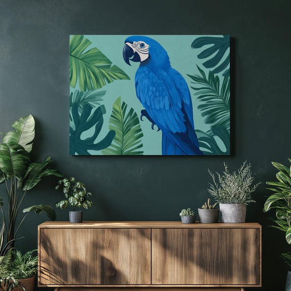 Stunning Tropical Parrot Canvas Wall Art Vibrant Blue Exotic Bird Painting Minimalist Animal Decor For Lovers Eyecatching Accent
