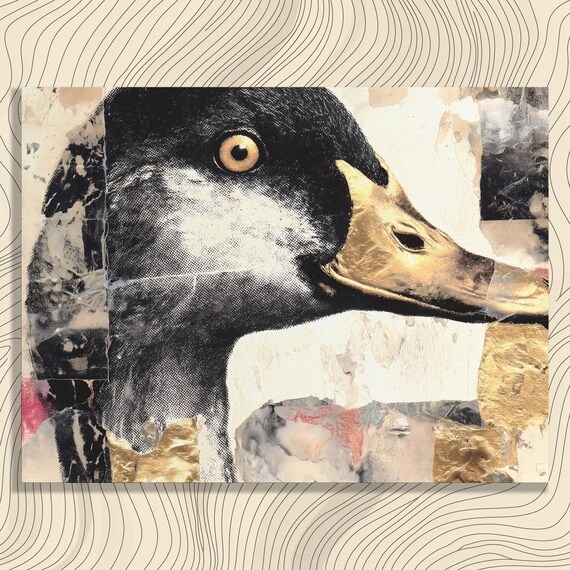 Goose Portrait Canvas Wall Art Abstract Mixed Media Collage Gold Beak Waterfowl Print Nature Decor Wildlife Painting Gift