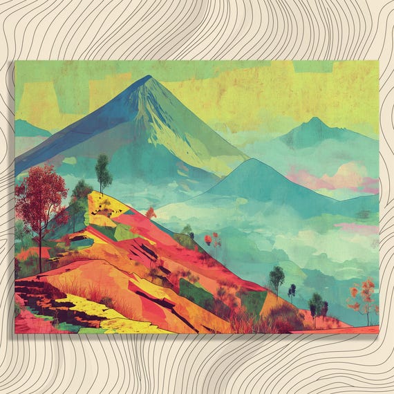 Vibrant Surreal Landscape Canvas Wall Art Dreamlike Mountain Scenery Print Colorful Nature Bohemian Decor Ethereal Vistas Illustration