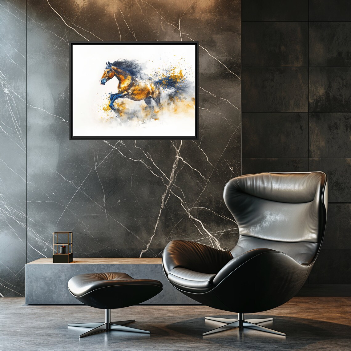 Galloping Horse Golden Watercolor Splash Animal Portrait Poster