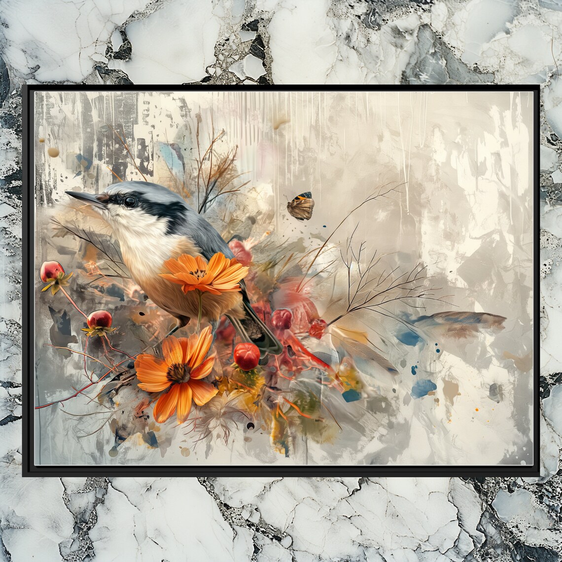 Nuthatch Canvas Wall Art Vibrant Oil Texture Feather Details Abstract Gray Background Beautiful Bird Flower Display