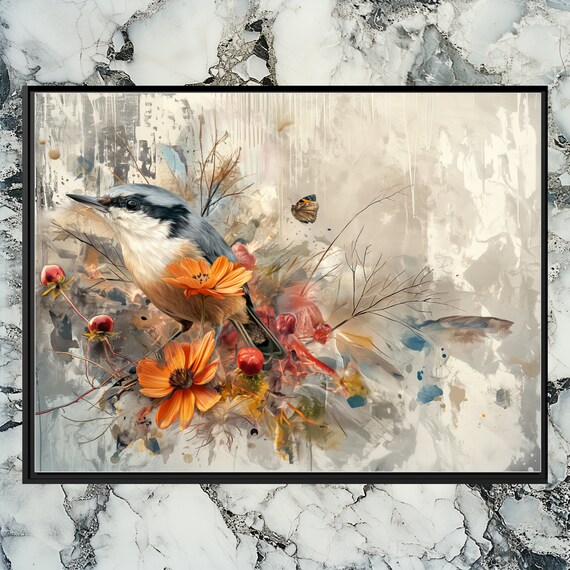 Nuthatch Canvas Wall Art Vibrant Oil Texture Feather Details Abstract Gray Background Beautiful Bird Flower Display