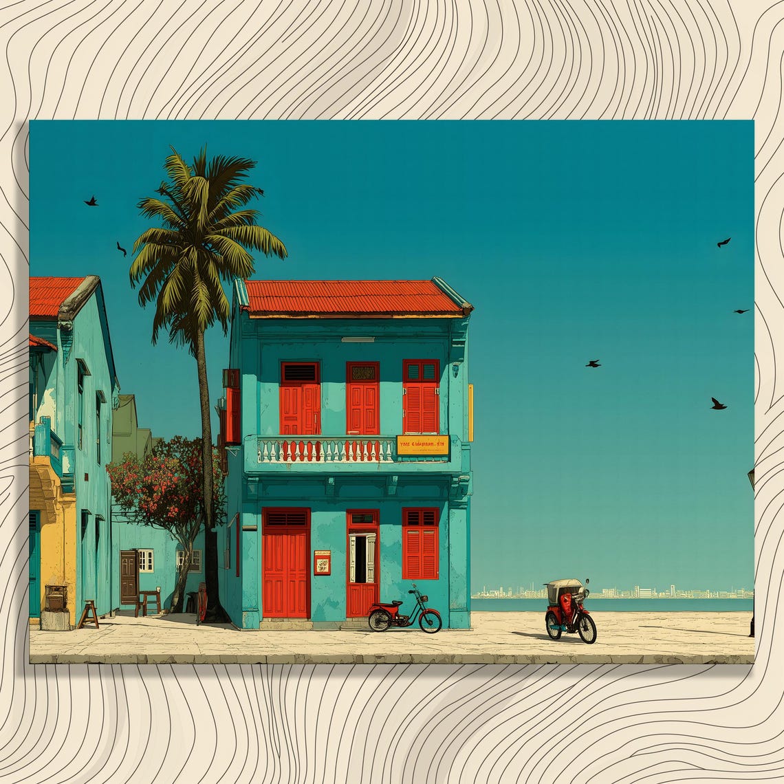 Turquoise Coastal House With Palm Tree Tropical Painting Poster