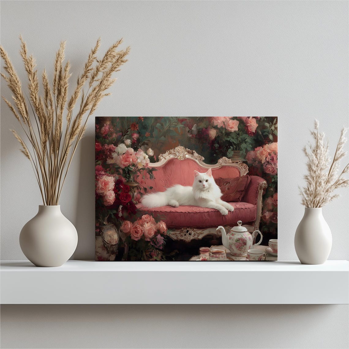 Elegant White Cat On Pink Chaise Amidst Vintage Roses Poster