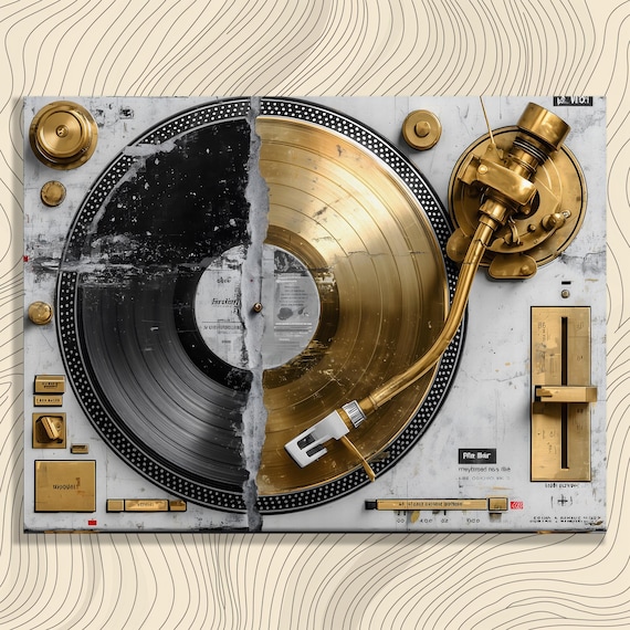 Gold and Black DJ Turntable Grunge Collage Music Lovers Art Poster
