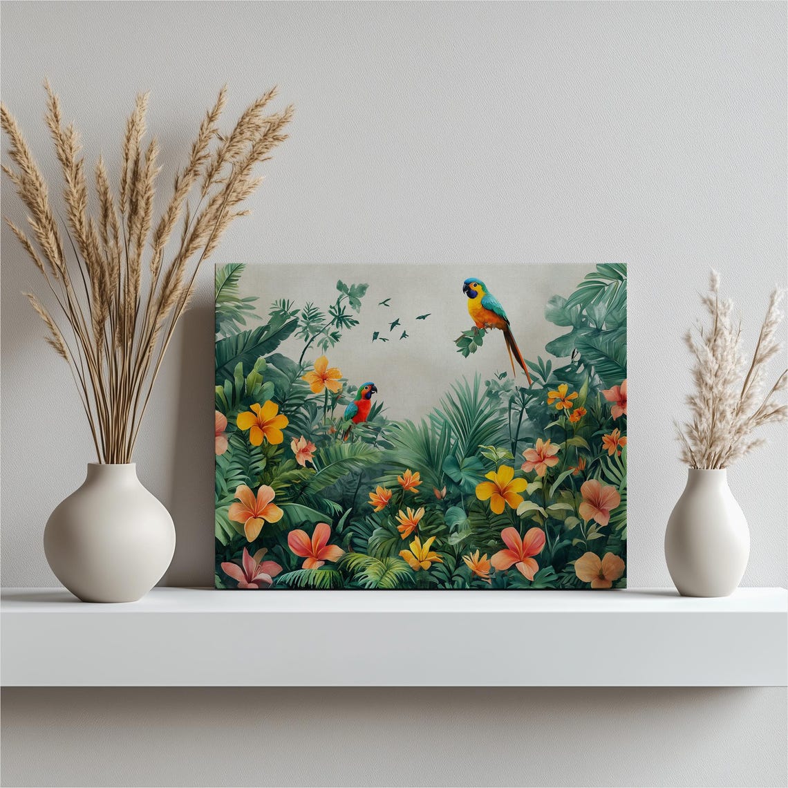 Colorful Tropical Parrots Lush Jungle Foliage Exotic Birds Wall Art