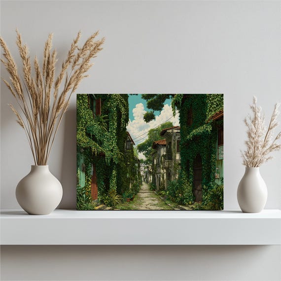 Italian Vineyard Lane Canvas Wall Art Ivy Covered Alley Decor Mediterranean Village Print Cobblestone Street Illustration