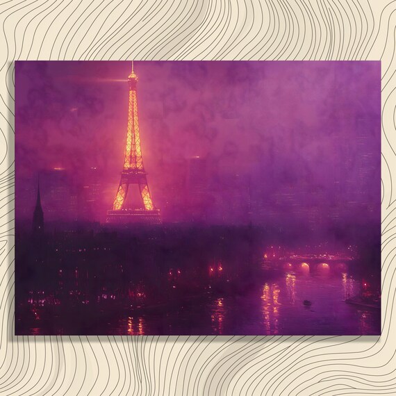 Eiffel Tower Canvas Wall Art Starry Night City Lights Midcentury Modern Impressionist Cityscape Painting Historical Landmarks Decor