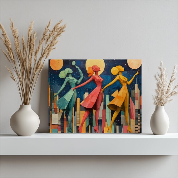 Art Deco Cityscape Canvas Wall Moonlit Skyline With Dancing Figures Geometric Fashion Silhouettes Starry Night Urban Decor Print
