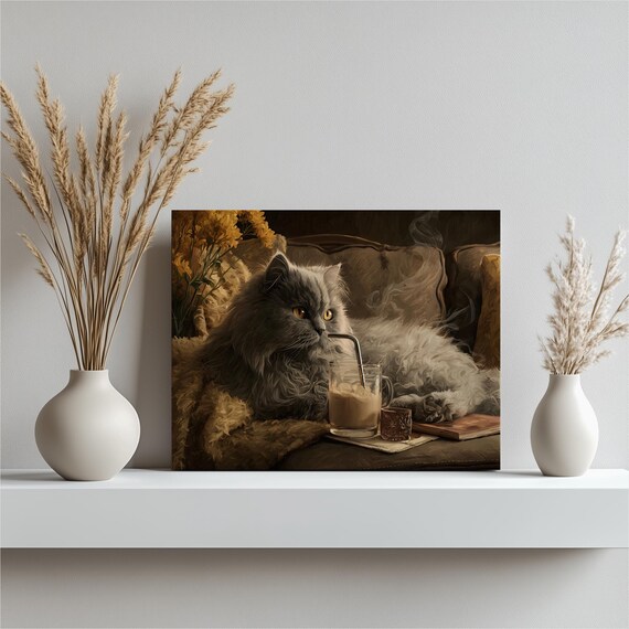 Fluffy Gray Cat With Latte Coffee Cozy Feline Decor Wall Poster