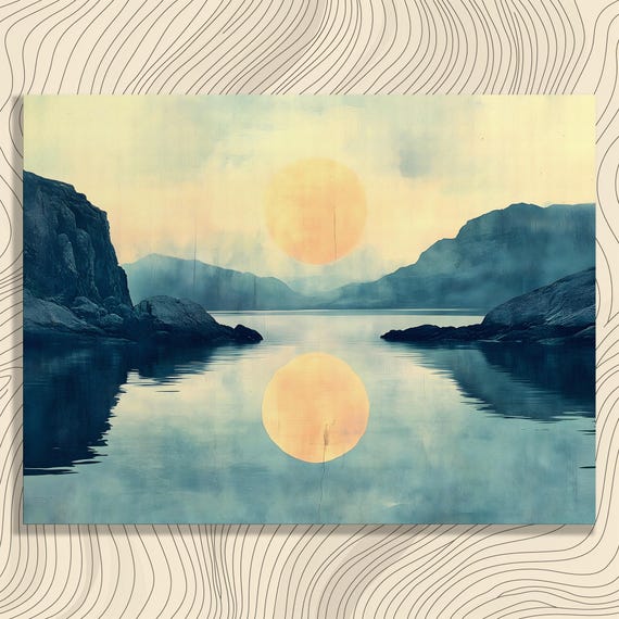 Surreal Landscape Canvas Wall Art Tranquil Modern Print With Sunset Lake Reflection And Mountains Nature Scene Contemporary Surrealism