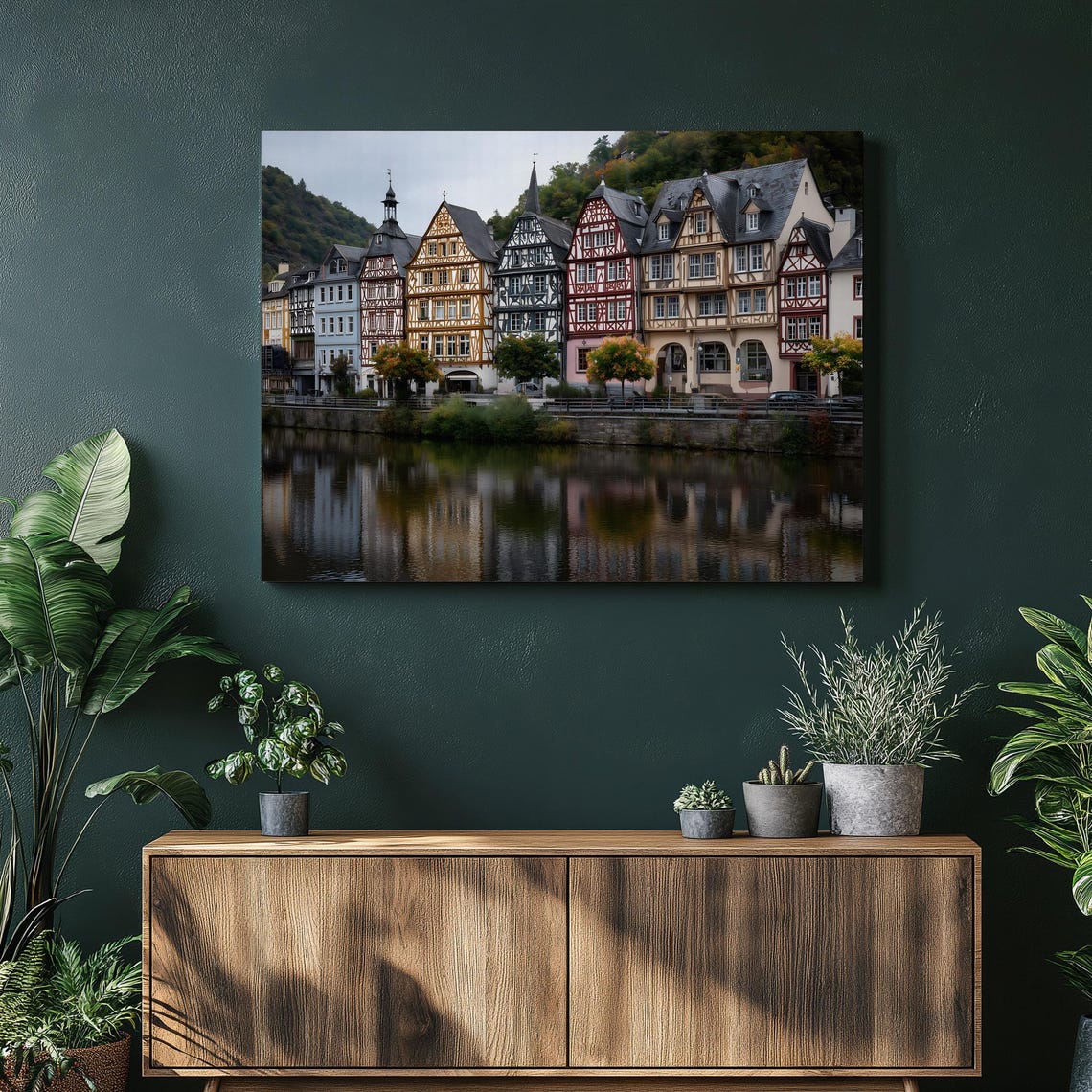 European Village Canvas Wall Art Half Timbered Houses River Reflection Autumn Landscape Rustic Vintage Architecture Scenic Print