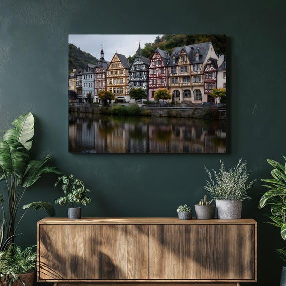 European Village Canvas Wall Art Half Timbered Houses River Reflection Autumn Landscape Rustic Vintage Architecture Scenic Print