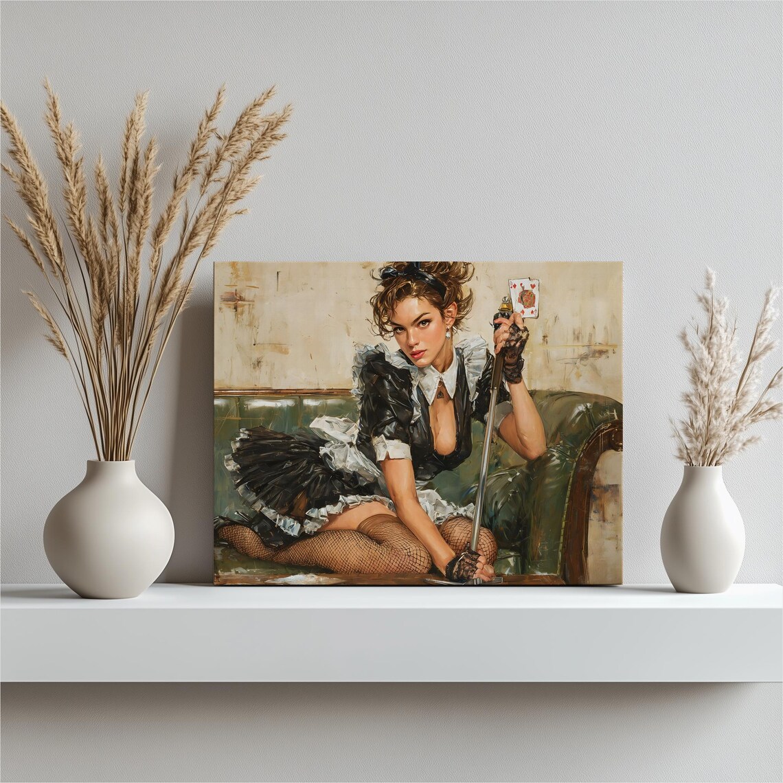 Cheeky Pinup Maid Billiards Cue and Card Vintage Glamour Wall Art