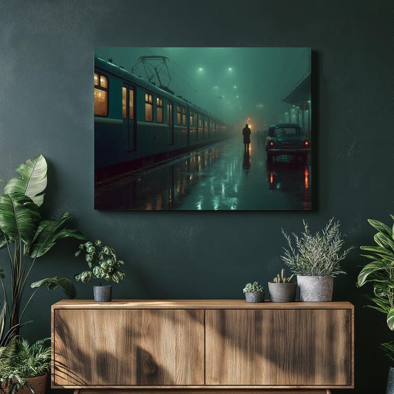 Foggy Train Station Canvas Wall Art Cinematic Noir Night Scene With Lone Traveler Vintage Car Wet Reflections Moody Urban Cityscape Print