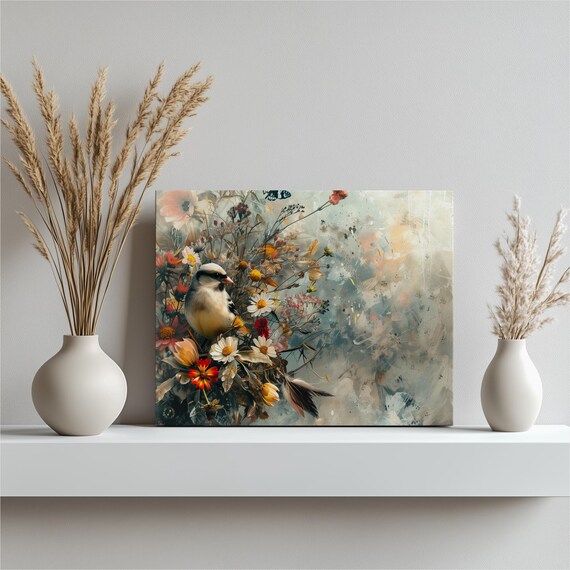 Finch Canvas Wall Art Vibrant Bird Painting With Flowers And Abstract Oil Texture Ideal For Home Or Office Decor Unique Colorful Gift