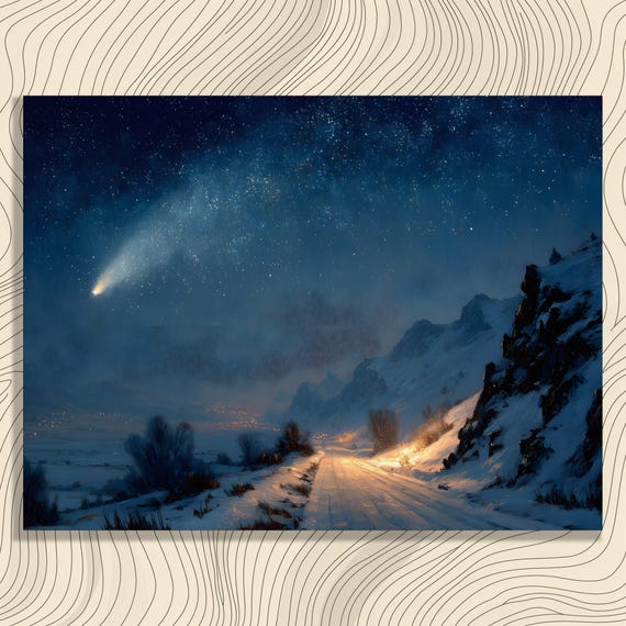 Dark Starry Sky Canvas Wall Art Winter Mountain Range With Comet Snowy Landscape Night Decor Celestial Rustic Blue Print