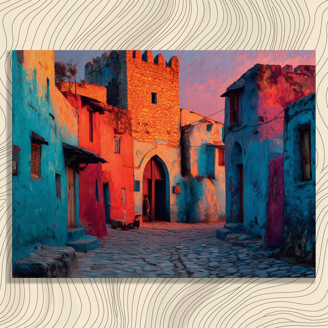 Colorful Moroccan Medina Alley at Sunset Stone Tower Painting Poster