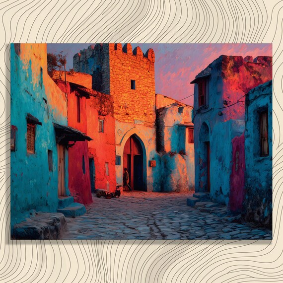 Colorful Medina Alley Canvas Wall Art Vibrant North African Archway Painting With Cobblestone At Sunset Cityscape Bohemian Decor