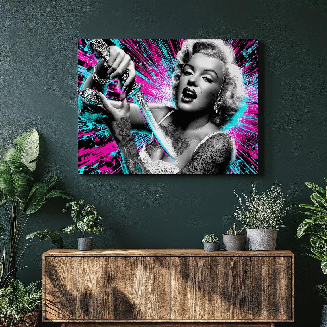 Marilyn Monroe Tattooed Dagger Neon Graffiti Street Style Pop Art Poster