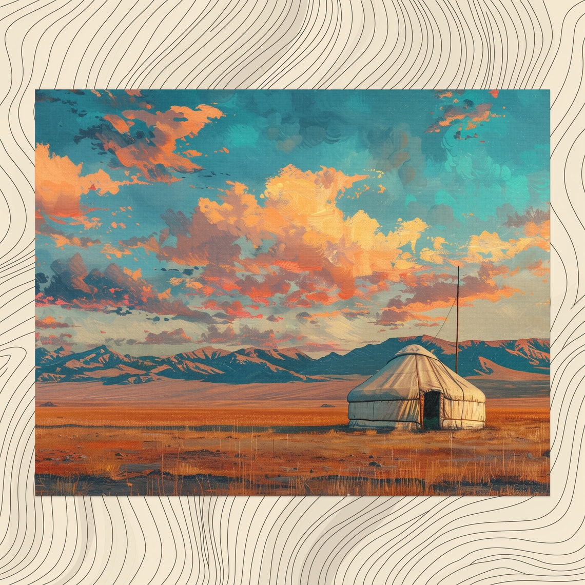 Mongolia Yurt Sunset Golden Steppe Mountain Landscape Canvas Print