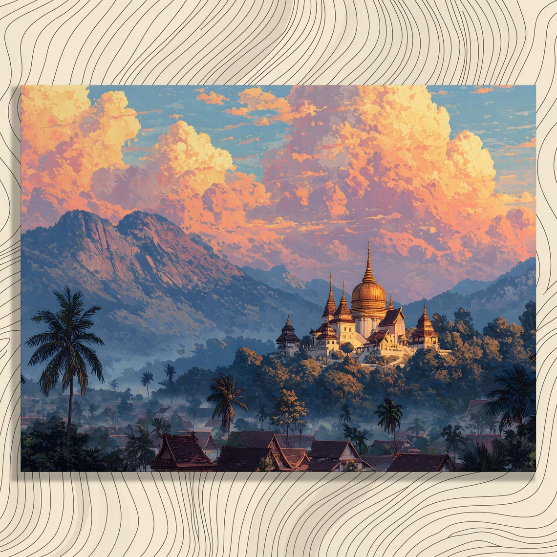 Golden Buddhist Temple on a Hill at Sunset Tropical Palms Art Poster