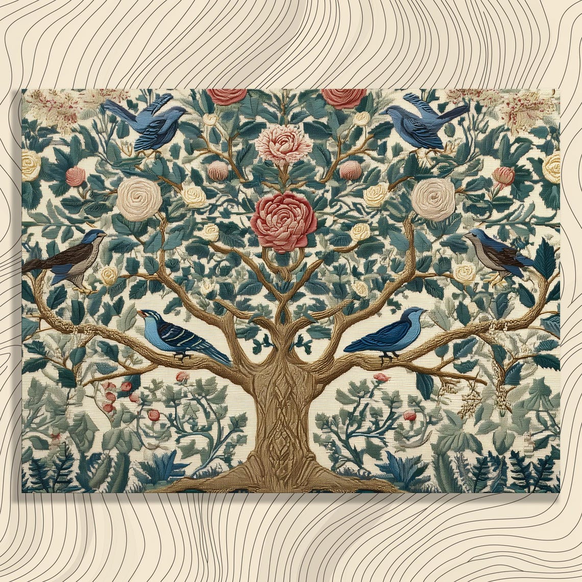 Floral Bluebirds Tree Vintage Botanical Tapestry Canvas Wall Art