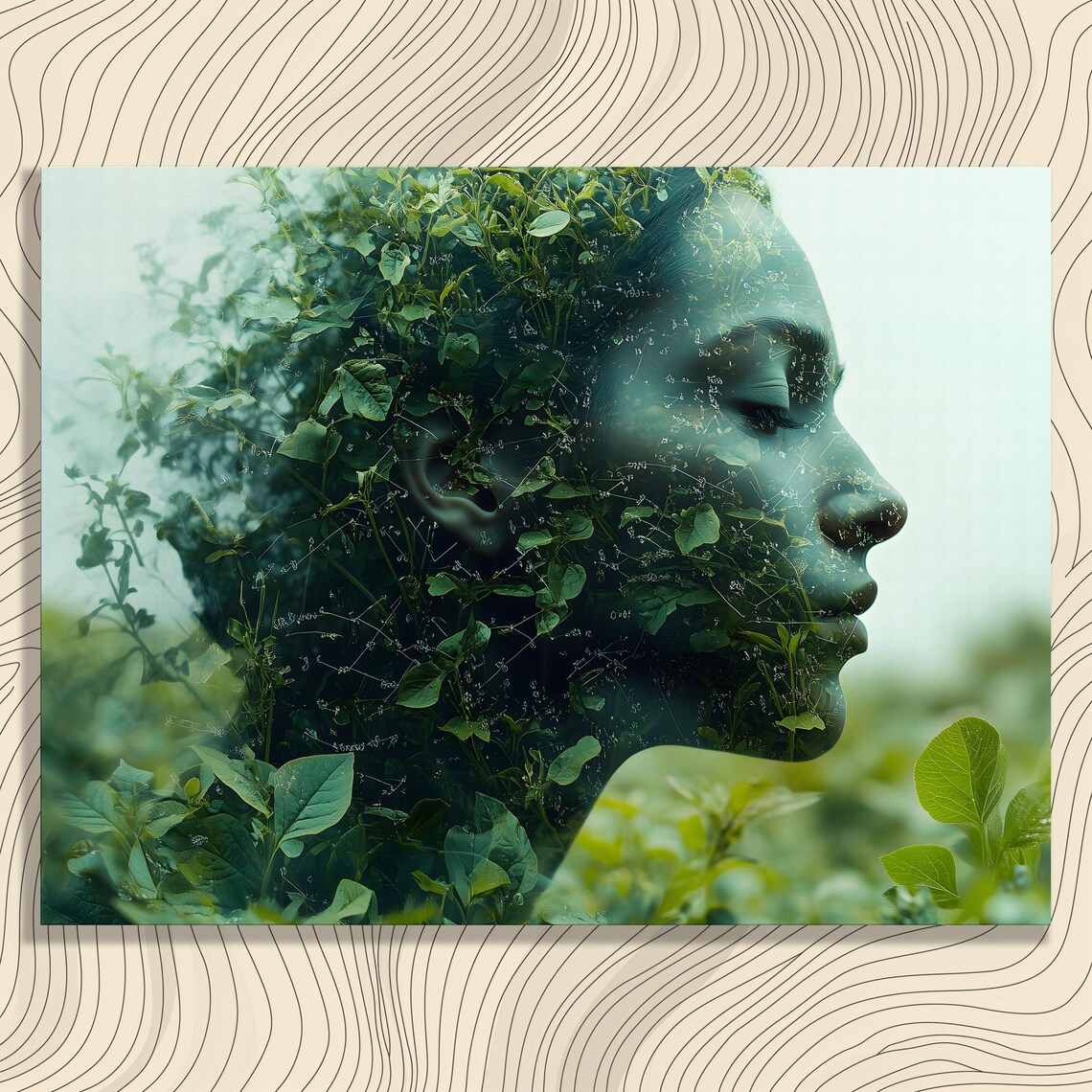 Woman and Nature Double Exposure Green Botanical Portrait Art Poster