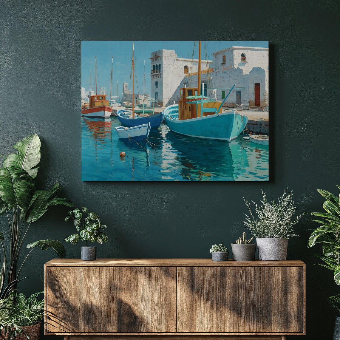 Greek Harbor Fishing Boats Turquoise Mediterranean Seascape Art Print