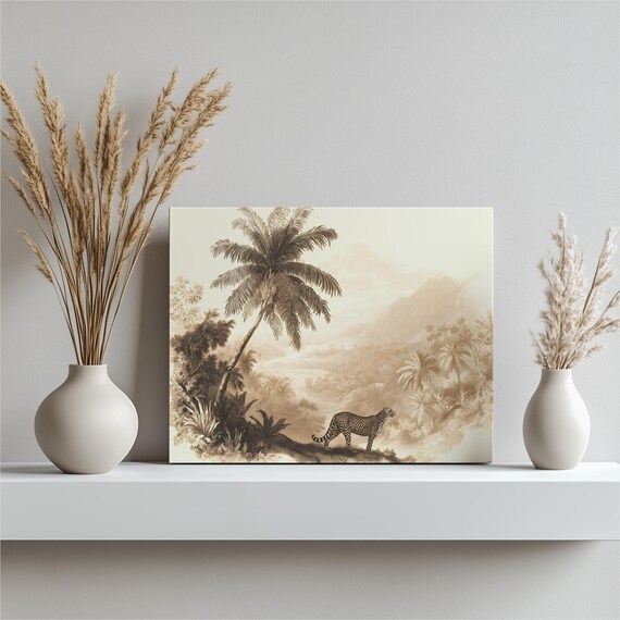 Vintage Leopard In Jungle Sepia Engraving Tropical Wildlife Wall Art