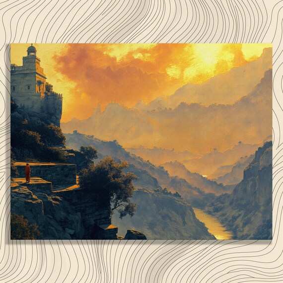 Golden Sunset Over Mountain Monastery Misty Peaks Oil Poster