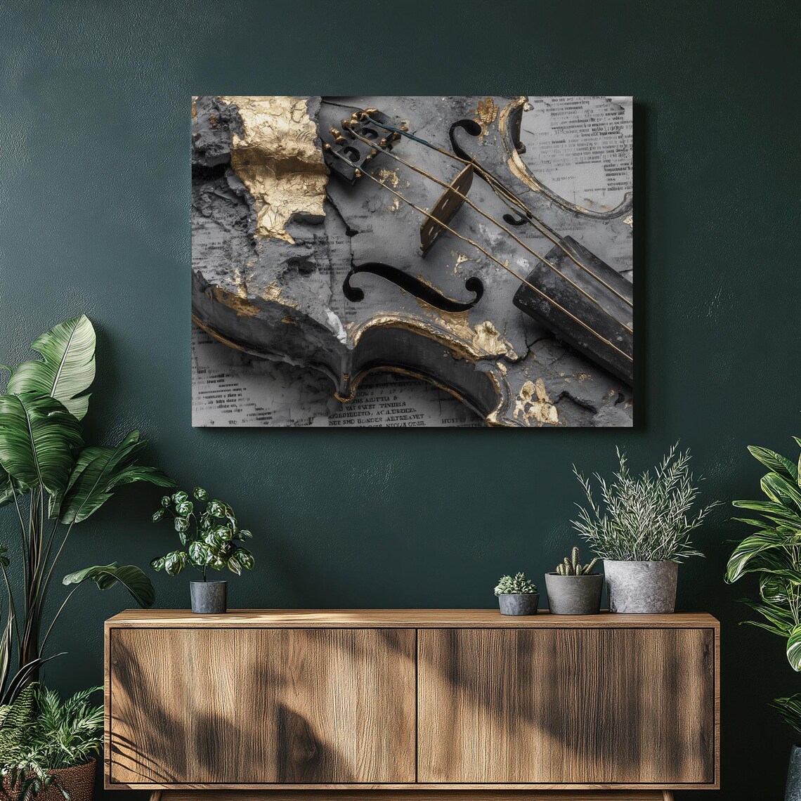 Gold Leaf Violin Still Life Art Poster on Vintage Newspaper Collage