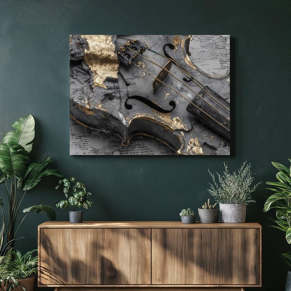 Golden Violin Canvas Wall Art Aged Gold Leaf Abstract Instrument Music Decor Print Luxury Acoustic Note Vintage Classical