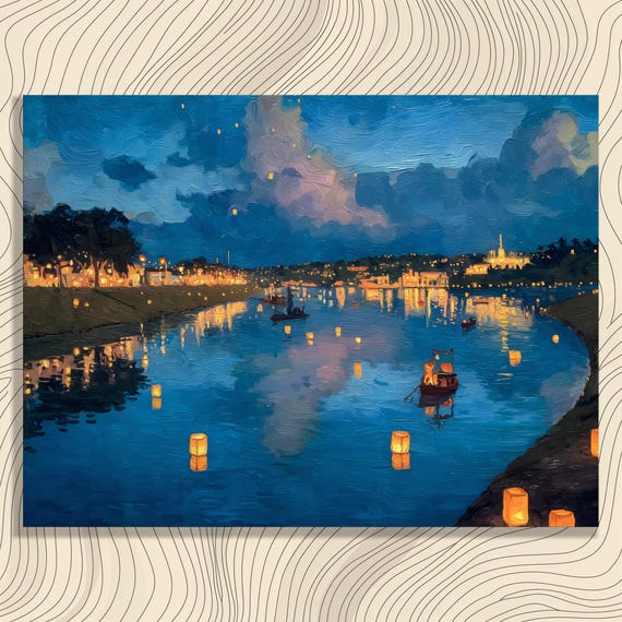Lantern Festival River Canvas Wall Art Floating Lanterns Night Sky Painting With City Lights And Water Reflections Colorful Print
