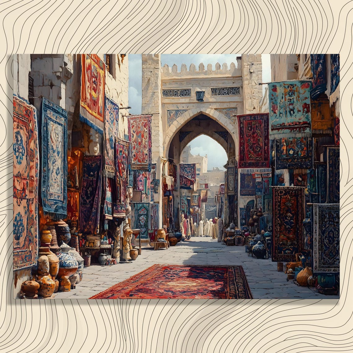 Moroccan Souk Carpet Market Colorful Rugs Stone Arch Travel Poster