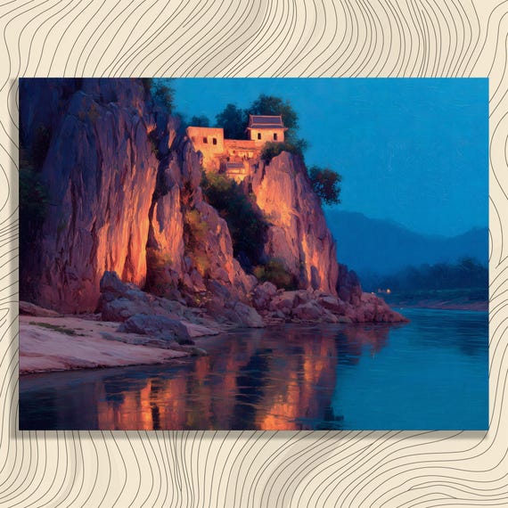 Temple Cliff Dusk Canvas Wall Art River Reflection Impressionist Print Landscape Painting Modern Nature Decor Sunset Mountain Gift