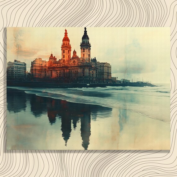 Historic Palace Shoreline Mirror Reflection Sepia Tone Art Poster