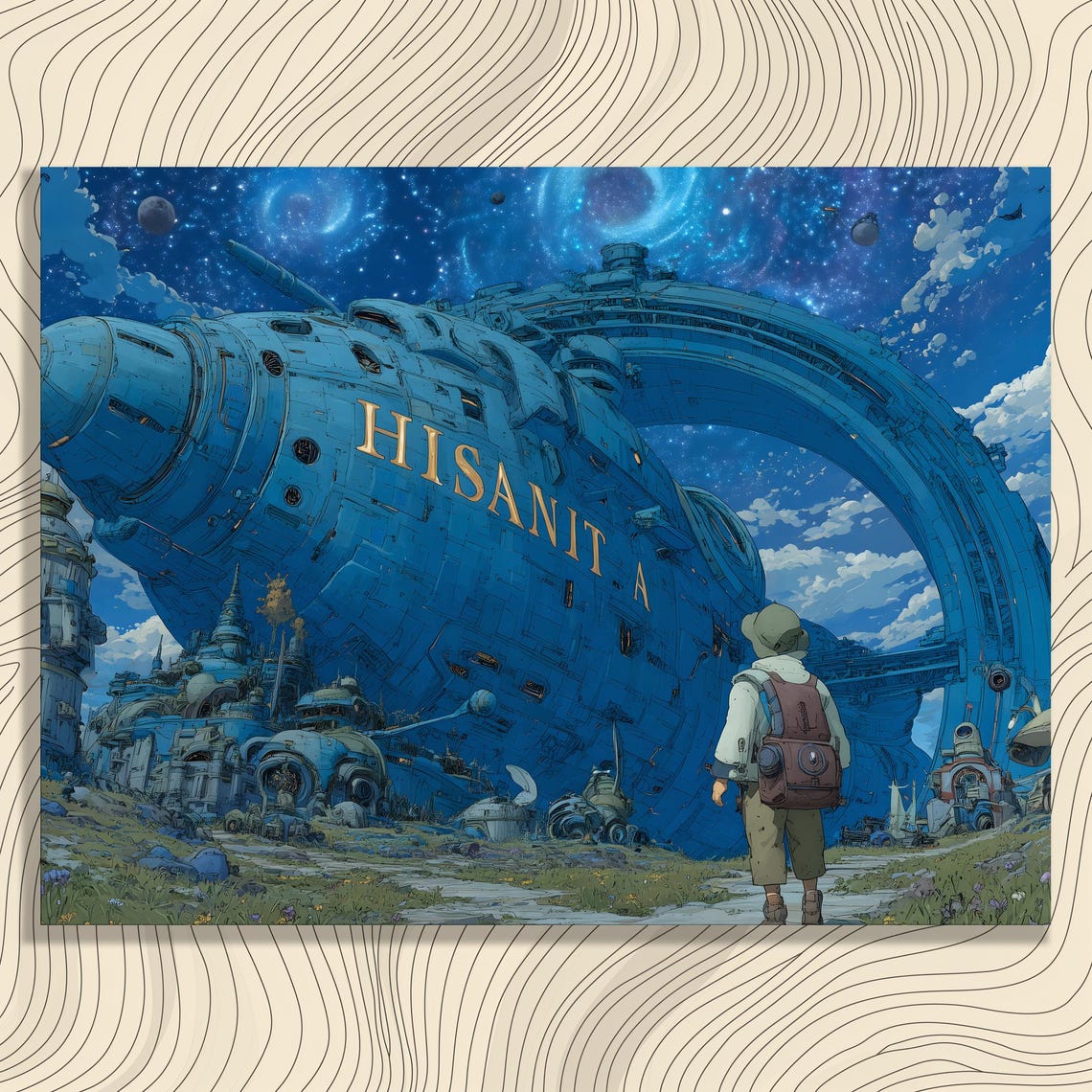 Anime Boy Before Giant Blue Spaceship Sci-Fi Galaxy Art Poster