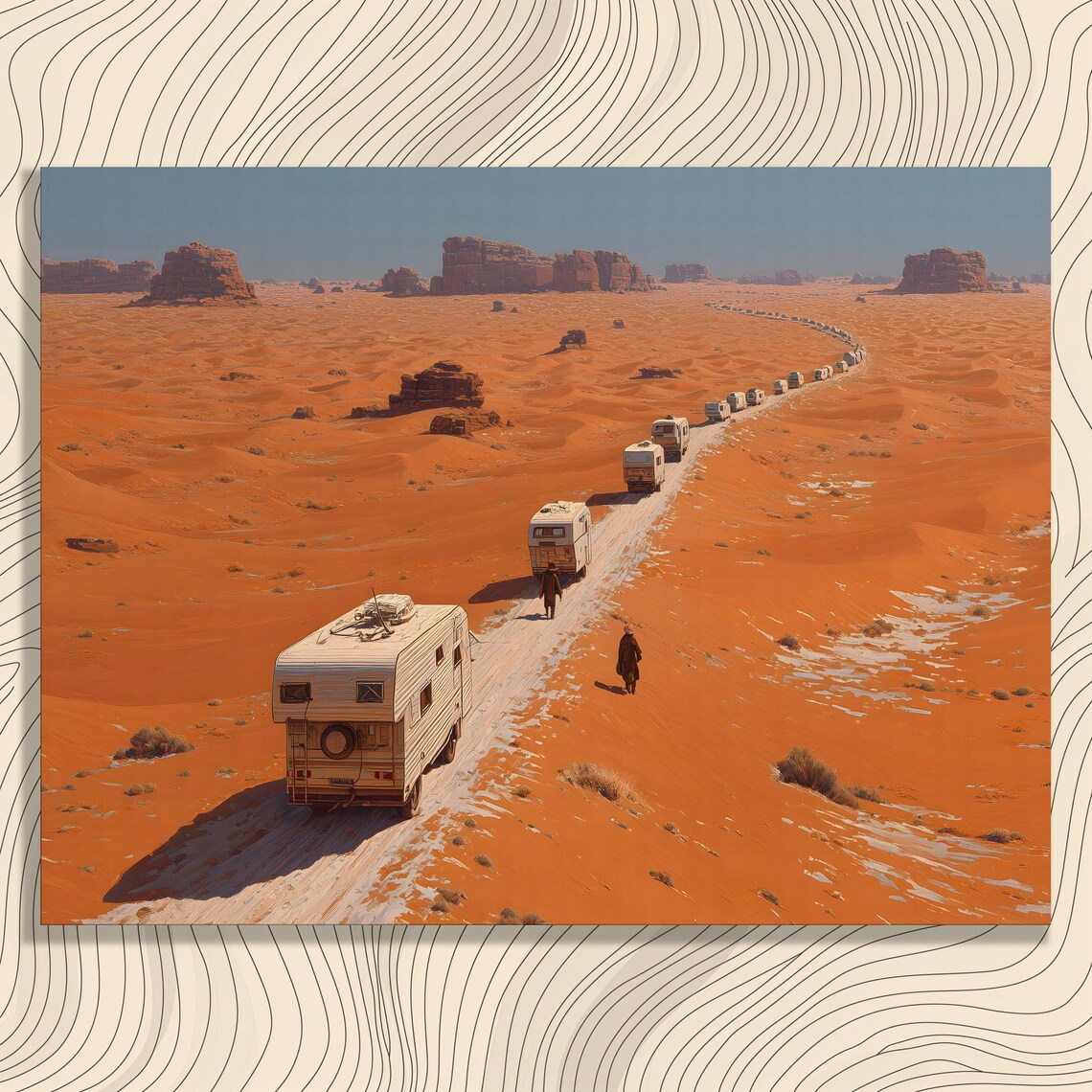 RV Caravan Convoy Crossing Orange Desert Dunes Adventure Travel Poster