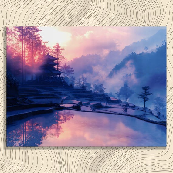 Serene Pagoda Sunrise Canvas Wall Art Misty Mountain Vista Rice Terraces Tranquil Landscape Print For Nature Enthusiasts And Travelers