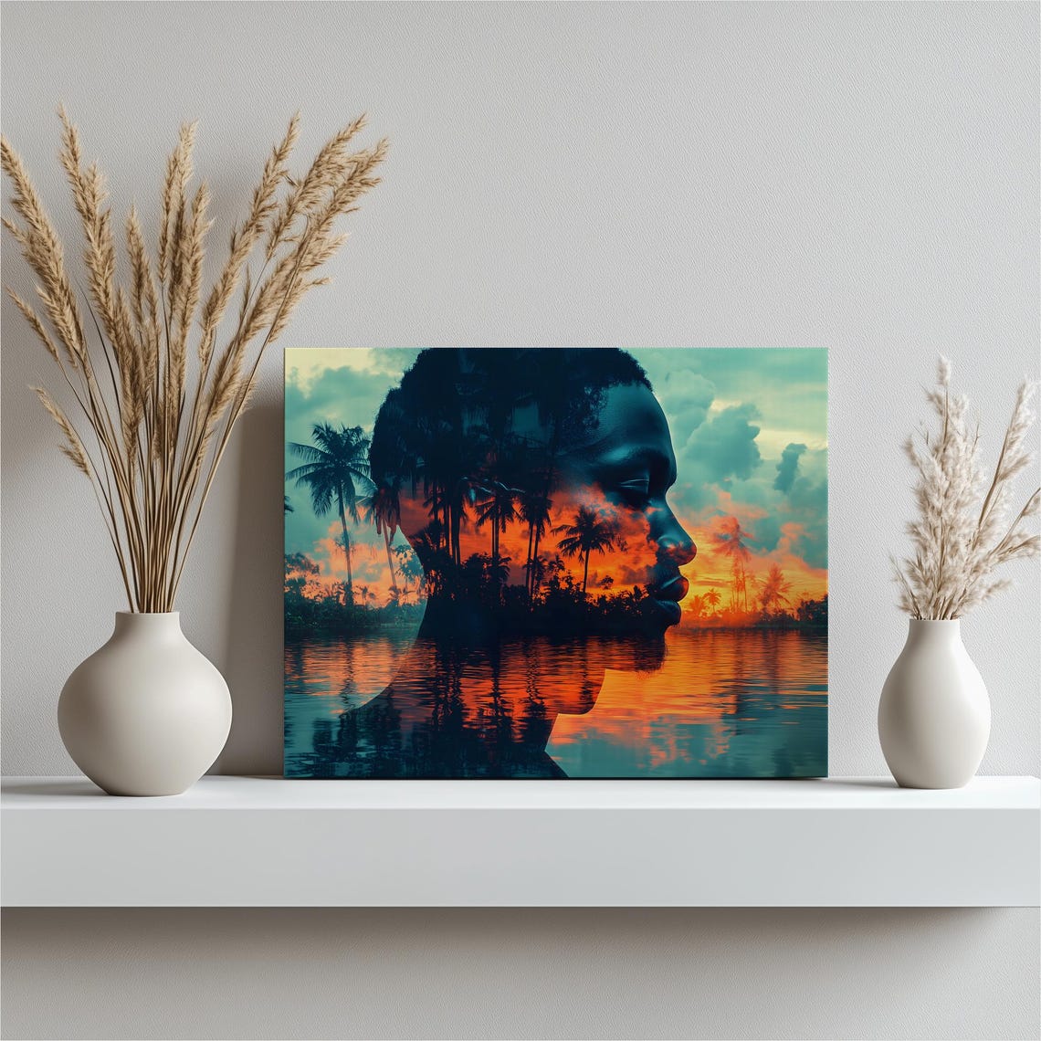 Tropical Sunset Double Exposure Silhouette Portrait Art Poster