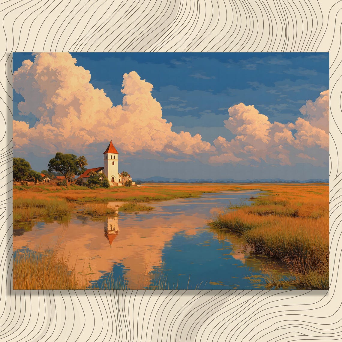 Coastal Church Marsh Sunset Dramatic Cloud Reflection Poster