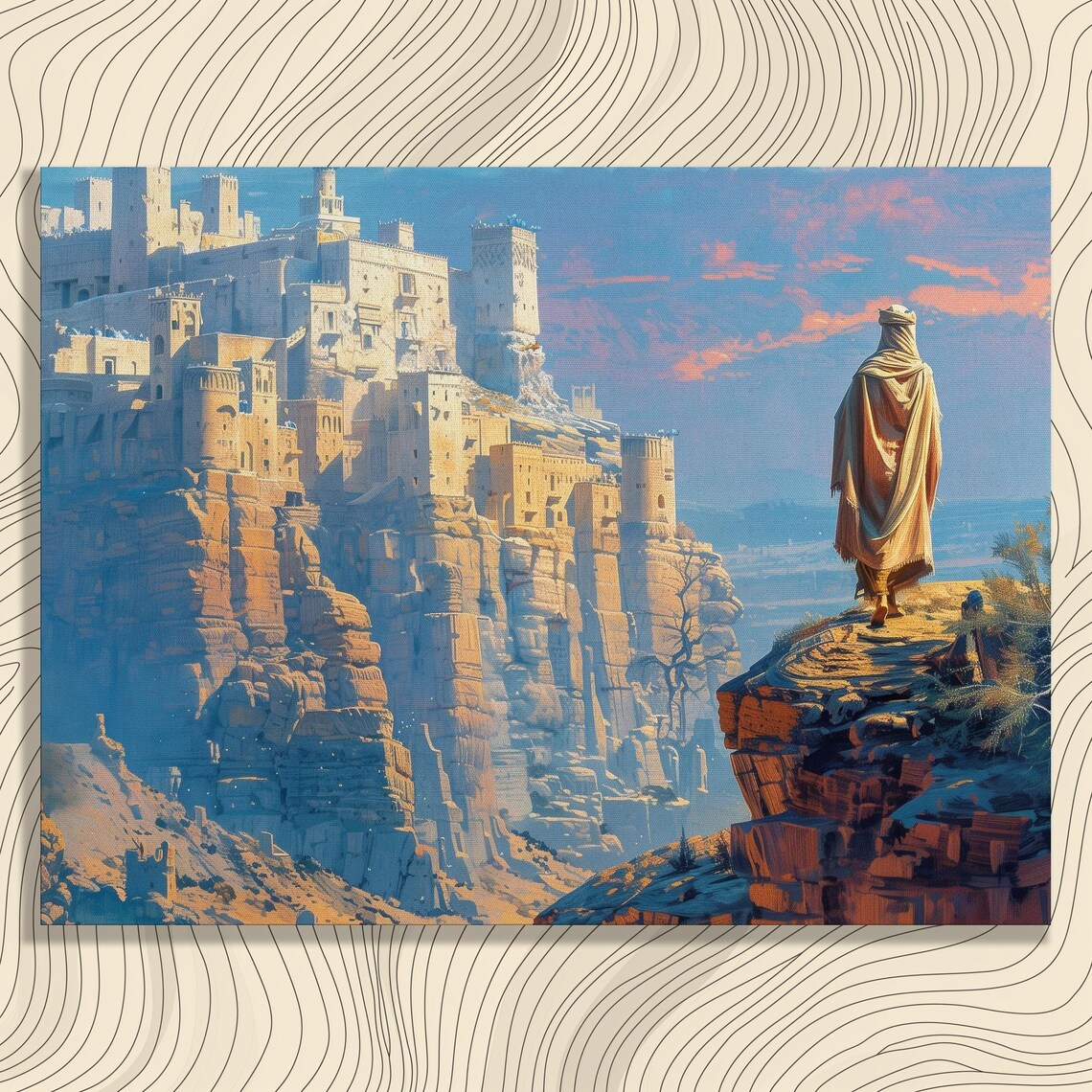 Ancient Arabian Cliff Top Fortress Town Desert Sunset Cinematic Poster