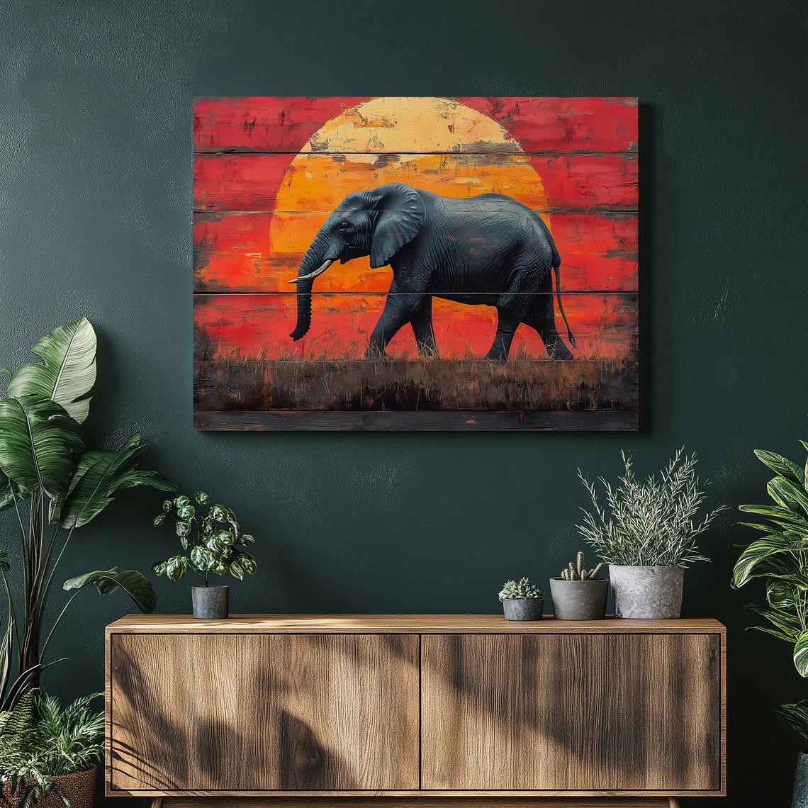 Elephant Silhouette Sunset Giant Sun Rustic Wood Safari Art Poster