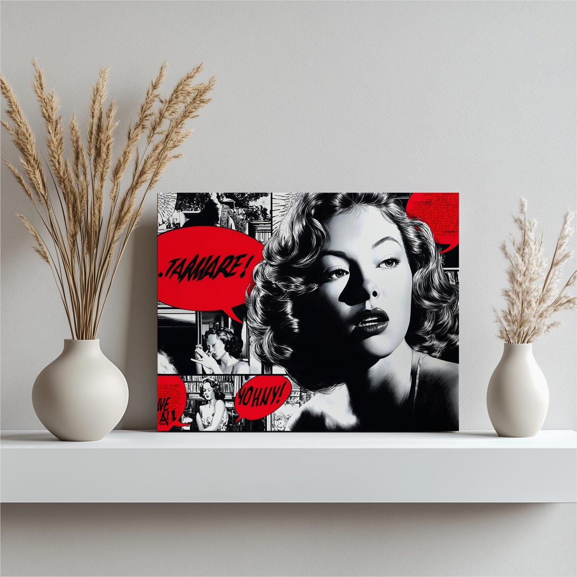 Pop Art Comic Woman Speech Bubbles Retro Red Black Canvas Poster