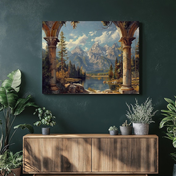 Grand Teton National Park Mountain Lake Classical Archway View Poster