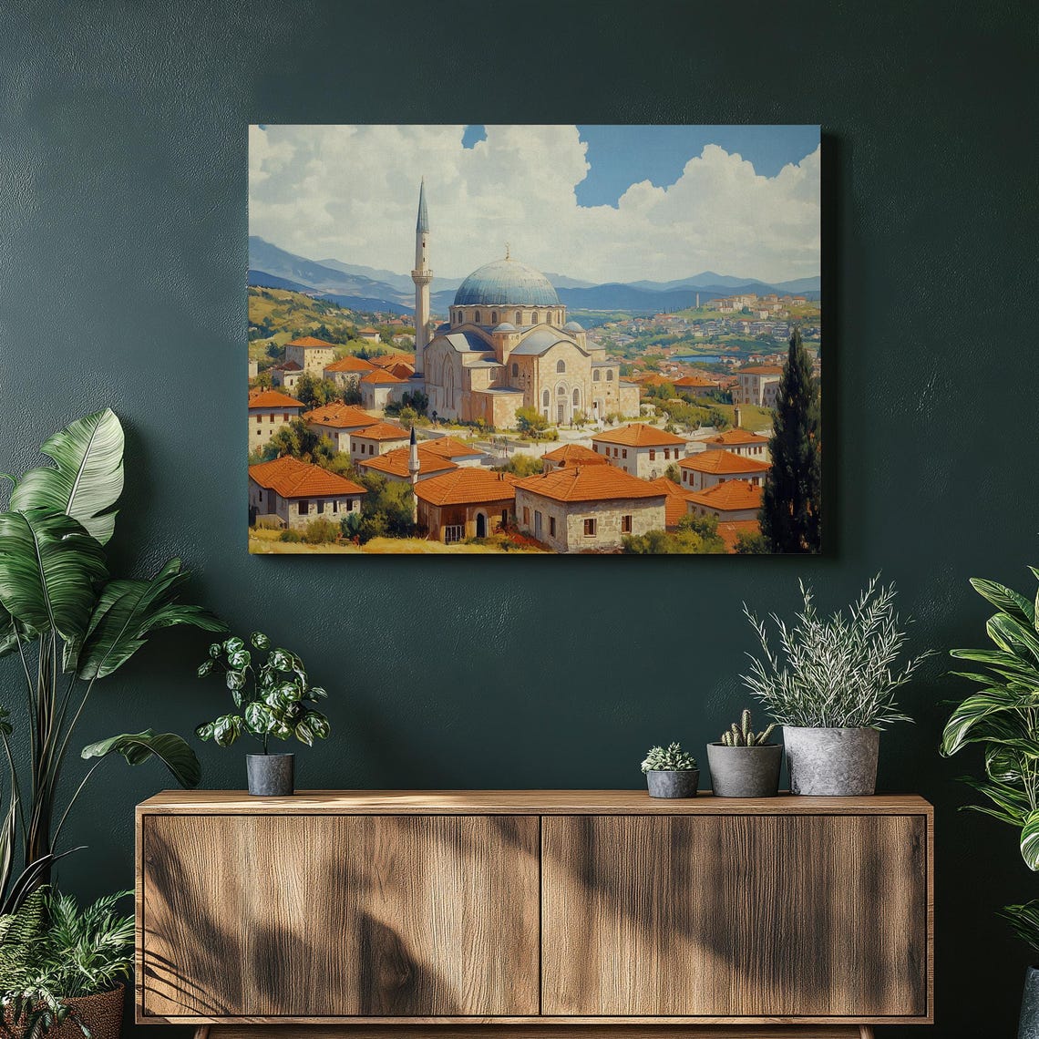 Historic Mosque Balkan Old Town Sunset Cityscape Painting Poster